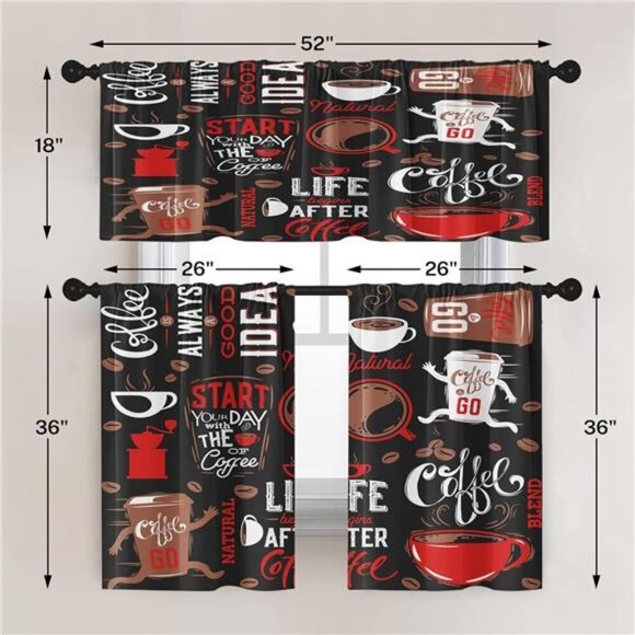 Coffee Kitchen Curtains Black Red Window Curtains Valance and Tier Set 36 Inch - Picture 5 of 7